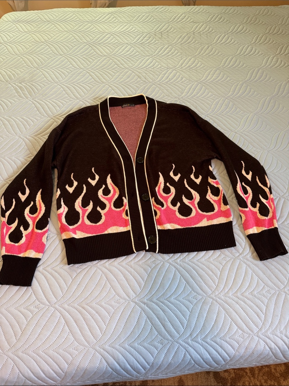 Black Cardigan with Pink Flame Motif and Contrast Trim